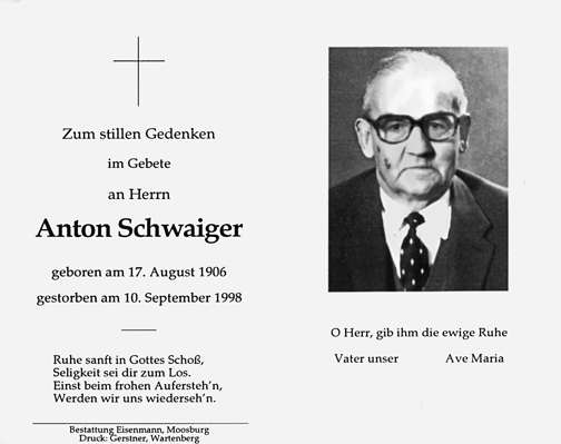 Sterbebildchen Anton Schwaiger, *17.08.1906 †10.09.1998