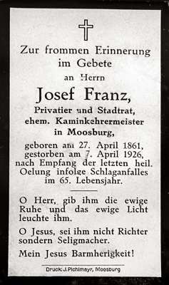 Sterbebildchen Josef Franz, *27.04.1861 †07. 04.1926