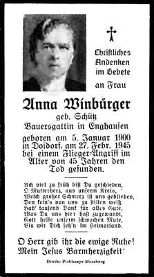 Sterbebildchen Anna Winbrger, *05.01.1900 †27.02.1945