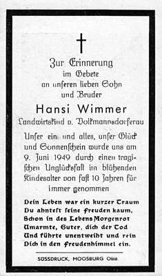 Sterbebildchen Hansi Wimmer *1940 †09.06.1949