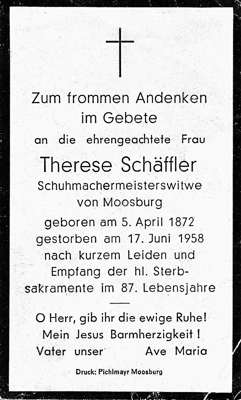Sterbebildchen Therese Schffler, *05.04.1872 †17.06.1958