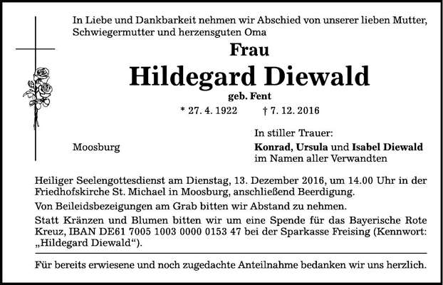Todesanzeige Hildegard Diewald, *27.04.1922 †07.12.2016