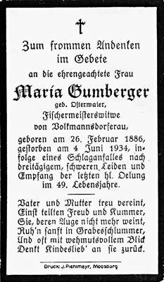 Sterbebildchen Maria Gumberger *1886 †1934