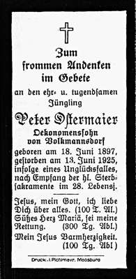 Sterbebildchen Peter Ostermaier *18.06.1897 †13.06.1925