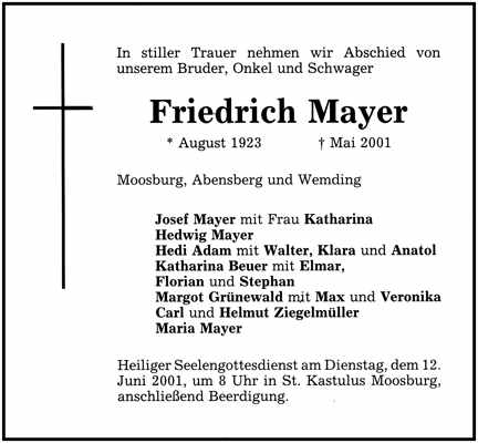 Todesanzeige Friedrich Mayer *08.1923 †05.2001