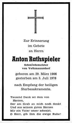 Sterbebildchen Anton Rathspieler, *29.03.1906 †03.07.1978