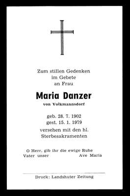 Sterbebildchen Maria Danzer, *28.07.1902 †15.01.1979