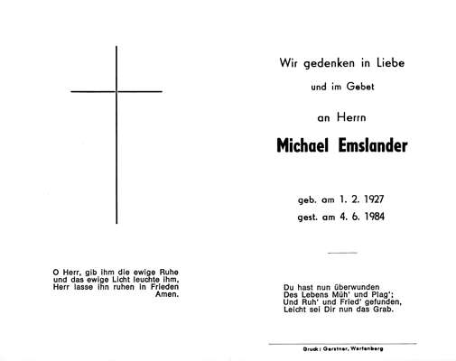 Sterbebildchen Michael Emslander, *01.02.1927 †02.06.1984