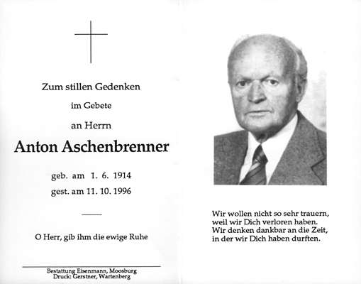 Sterbebildchen Anton Aschenbrenner, *01.06.1914 †11.10.1996