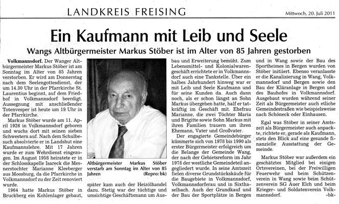 2011 - Wangs Altbrgermeister Markus Stber ist im Alter von 85 Jahren gestorben