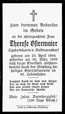 Sterbebildchen Therese Ostermaier, *23.04.1854 †26.03.1939