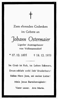 Sterbebildchen Johann Ostermaier, *17.12.1895 †18.12.1953