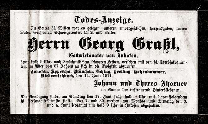Todes-Anzeige Georg Gral, *1834 †14.06.1911