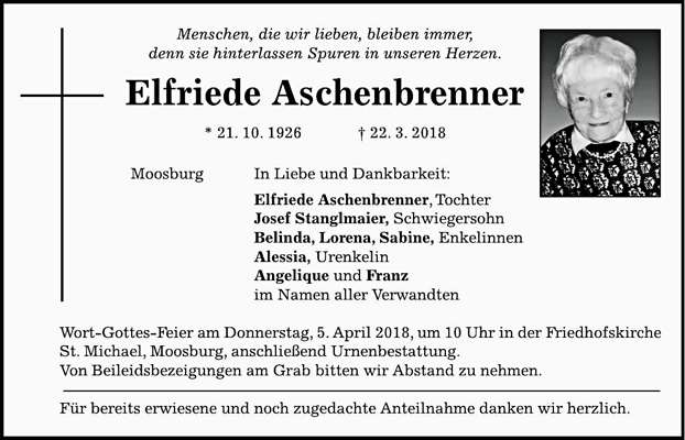 Todesanzeige Elfriede Aschenbrenner, *21.10.1926 †22.03.2018