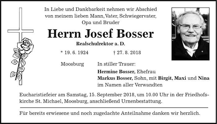 Todesanzeige Josef Bosser, *19.06.1924 †27.08.2018
