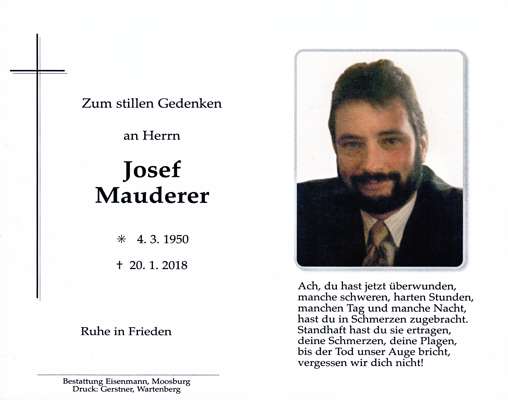 Sterbebildchen Josef Mauderer, *04.03.1950 †20.01.2018