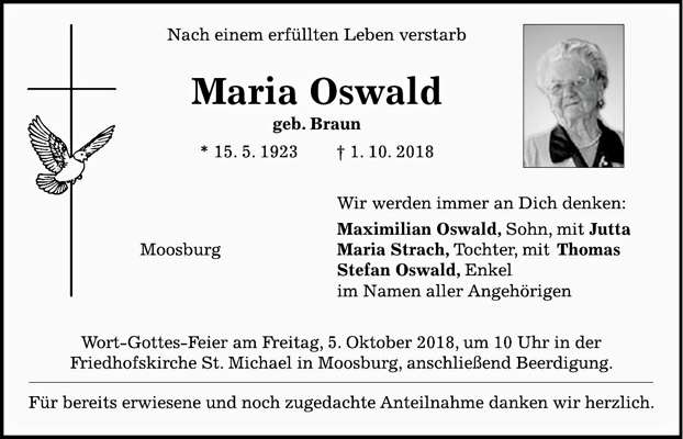 Todesanzeige Maria Oswald, *15.05.1923 †01.10.2018