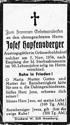 Sterbebildchen Josef Hopfensberger, *1844 †05.11.1934