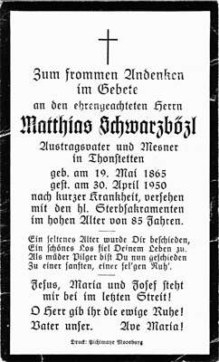 Sterbebildchen Matthias Schwarzbzl, *19.05.1865 †30.04.1950