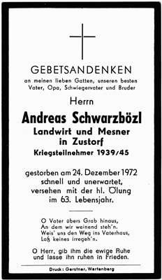 Sterbebildchen Andreas Schwarzbzl, *1909 †24.12.1972