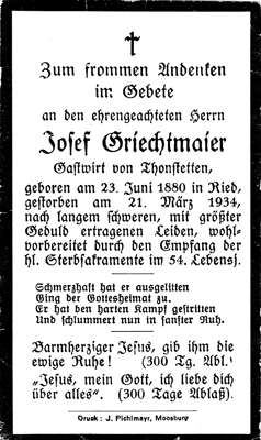 Sterbebildchen Josef Grichtmayer, *23.06.1880 †21.03.1934