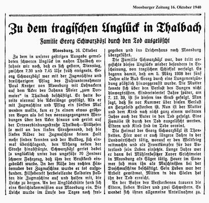 MZ vom 16.10.1940 zum Tod von Georg Schwarzbzl (aus Thonstetten) beim Lohnackern