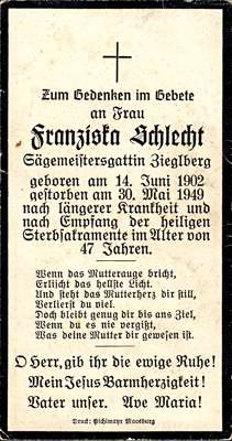 Sterbebildchen Franziska Schlecht, *14.06.1902 †30.05.1949