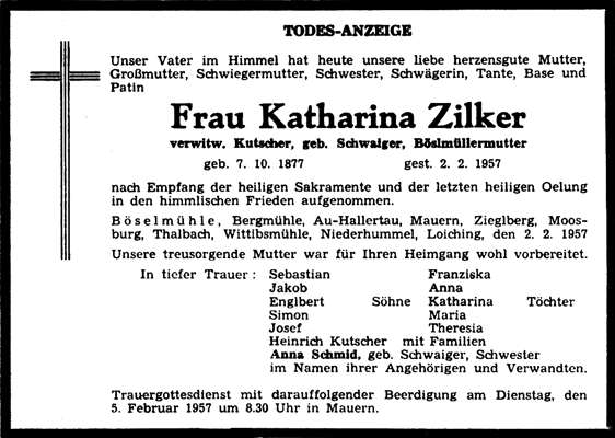 Todesanzeige Katharina Zilker *07.10.1877 †02.02.1957