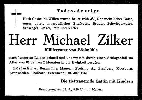 Todesanzeige Michael Zilker *18.05.1890 †10.07.1951