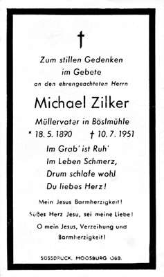 Sterbebildchen Michael Zilker *18.05.1890 †10.07.1951