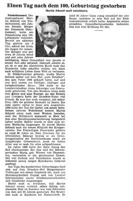 Zeitung zum Tode von Martin Schmid, *01.01.1875 †02.01.1975