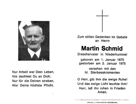 Sterbebildchen Martin Schmid, *01.01.1875 †02.01.1975