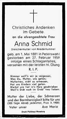 Sterbebildchen Anna Schmid *01.05.1881 †27.02.1959