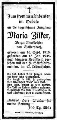 Sterbebildchen Maria Zilker *16.09.1918 †18.01.1935