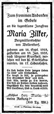 Sterbebildchen Maria Zilker *16.09.1918 †18.01.1935