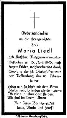 Sterbebildchen Maria Liedl *1861 †10.04.1949