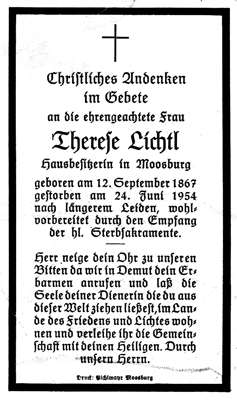 Sterbebildchen Therese Lichtl *12.09.1867 †24.06.1954