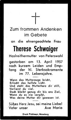 Sterbebildchen Therese Schwaiger *1880 †13.04.1957