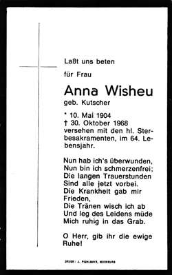 Sterbebildchen Anna Wisheu, *10.05.1904 †30.10.1968