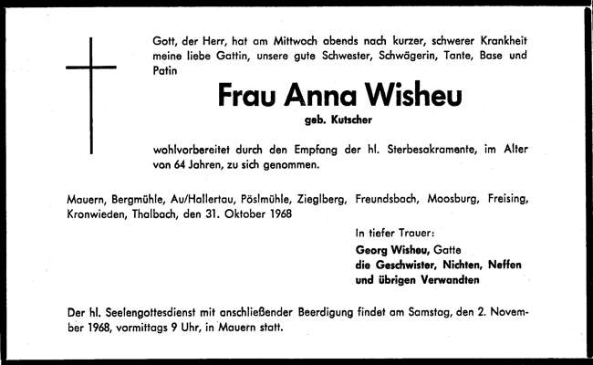 Todesanzeige Anna Wisheu, *10.05.1904 †30.10.1968