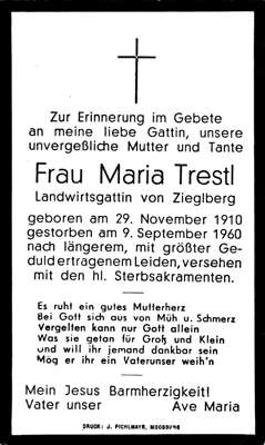 Sterbebildchen Maria Trestl *29.11.1910 †09.09.1960