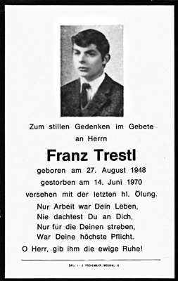 Sterbebildchen Franz Trestl, *27.08.1948 †14.06.1970