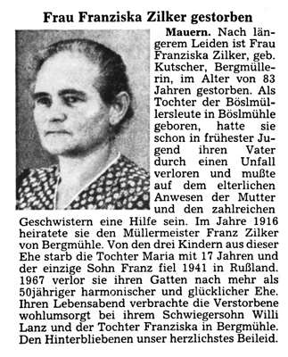 Zeitung zum Tode von Franziska Zilker, *30.08.1897 †24.10.1980