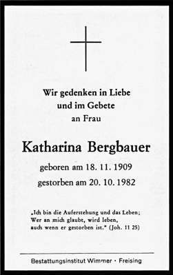 Sterbebildchen Katharina Bergbauer, *18.11.1909 †20.10.1982