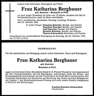 Todesanzeige, Danksagung Katharina Bergbauer, *18.11.1909 †20.10.1982