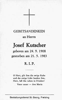 Sterbebildchen Josef Kutscher, *24.09.1908 †21.05.1983