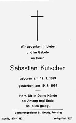 Sterbebildchen Sebastian Kutscher, *12.01.1899 †19.07.1984