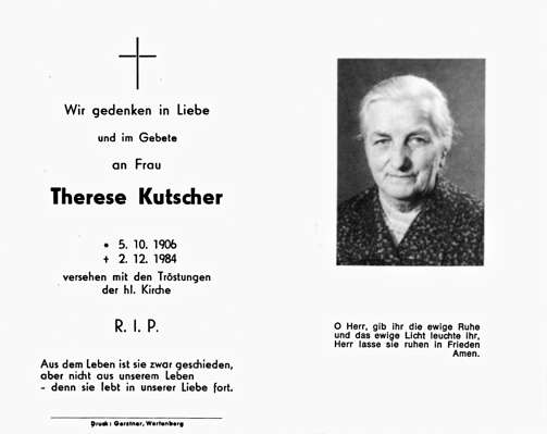 Sterbebildchen Therese Kutscher, *05.10.1906 †02.12.1984