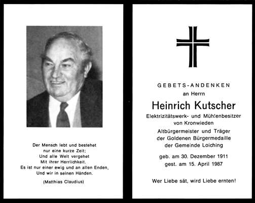 Sterbebildchen Heinrich Kutscher, *30.12.1911 †15.04.1987