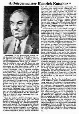 Zeitung zum Tod von Heinrich Kutscher, *30.12.1911 †15.04.1987